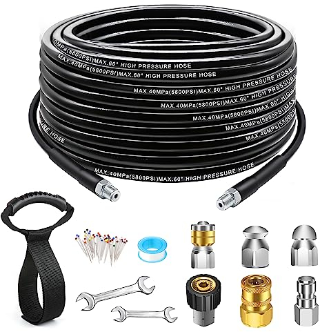 Budiwati Abwasserstrahl-Set für Hochdruckreiniger, 5800 PSI Abflussstrahl-Waschschlauch mit drehbarer Ecktaste, Kanaldüse, Wasserstrahl-Abflussreiniger mit 6,35 mm NPT-Griffband