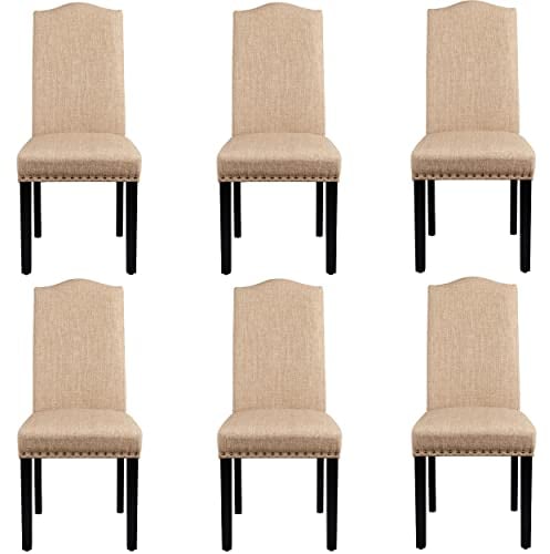 Yaheetech Esszimmerstühle 6er Set Küchenstuhl mit Hoher Rückenlehne Moderne Stühle für Küche und Esszimmer, Beine aus Massivholz, gepolsterte Sitzfläche aus Leinen bis 136 kg Belastbar, Khaki
