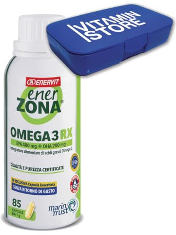 Enervit, Enerzona Omega 3 RX 85 Capsule da 1g Senza Ritorno di Gusto, Integratore Omega 3 IFOS, Acidi Grassi per Cuore, Vista e Cervello, Olio di Pesce Omega 1000mg, Senza Glutine, con Portapillole