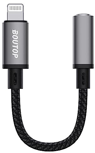 BOUTOP [Certifié Apple MFi Adaptateur Lightning vers Jack 3,5 mm Compatible avec iPhone 14 Pro/14 Pro Max/14/14 Plus/13 Pro/13 Pro Max/13/13/SE/12 Pro/12 Pro Max/12 mini/12 et Plus Encore - Gris
