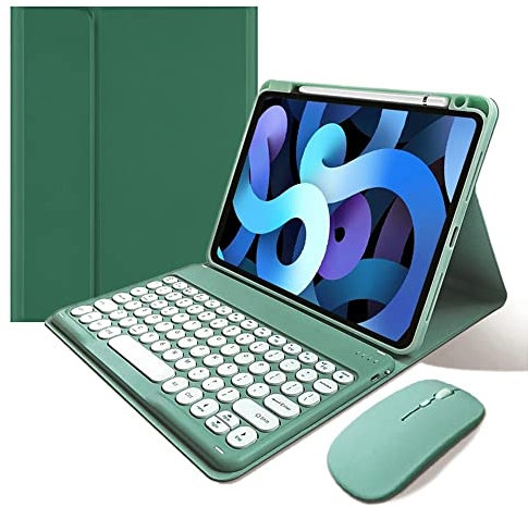 KMXDD Keyboard Case Compatible with iPad 10th Generation Keyboard Case with Bluetooth Mouse Round Key Cute Removable Color Keyboard Cover (Dark Green)