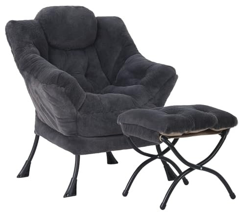 SESHINELL Armchair with Ottoman, Comfy Upholstered Lounge Reading Chair with Side Pocket and Armrests, Modern Bedroom Lazy Chair and Footstool Set for Living Room, Plush Dark Grey