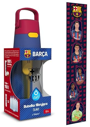 Dafi Botella de Filtro de Agua SOLID FC Barcelona, 0,5 L - con Filtro de Carbón activado que mejora el pH, sin BPA, Elimina el sabor y el olor a cloro, fabricada con resistente Tritan™
