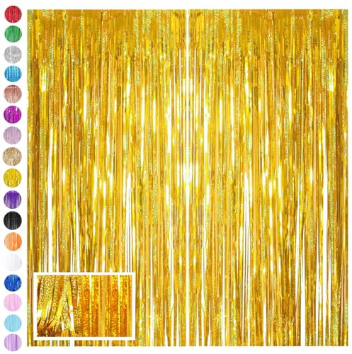Gold Foil Fringe Tinsel Backdrop Glitter,2pcs 3.2ft x 6.5ft Gold Foil Curtain Decoration,Laser Foil Fringe Metallic Tinsel Door Hanging Foil Flow Silk Streamers for Birthday Wedding Holiday Party
