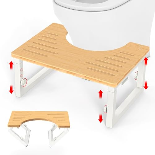 Bamboo Toilet Stool, Poop Stool Foldable,7 8 9 Inches Adjustable Heights Potty Stool for Adults Kids, Portable Pooping Foot Stool for Bathroom RV, Sturdy Squat Stool Potty 500 lbs Capability, White