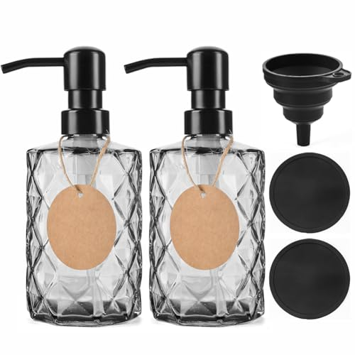 PLECUPE 330ml Dispenser Sapone Nero Vetro, Porta Sapone Liquido con Pompa in Acciaio Inox 304, Dispenser Sapone Cucina, Portasapone Bagno con Imbuto in Silicone e Due Sottobicchieri in Silicone.