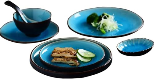YhOuuA Japanische Blaue Keramik-Lebensmittelteller, Dicke Lippen, Speiseteller, Salatschüssel, Untertasse, rechteckiger Teller, Fischteller, Geschirr-Set