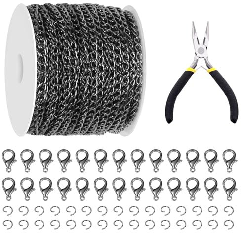 Glarks 102Pcs 30 Feet Jewelry Chains Set Gun Black Cable Link Chains Link Rolls Bulk Twisted Links Chain Necklace Jewelry Making Chains with Lobster Clasps and Jump Rings for Necklace Jewelry Making