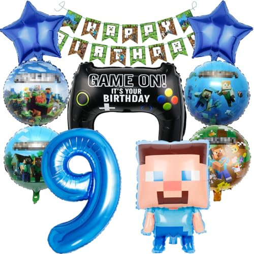 Pixel Luftballon Geburtstagsdeko 9 Jahre, 10 Stück Miner Gamer Kindergeburtstag Jungen 9, 9. Geburtstag Jungen Folienballon Spiel Gamer Luftballon Deko Geburtstag Party Deko Luftballon