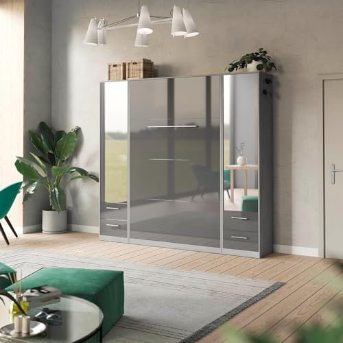 SMARTBett Wohnwand Set mit Schrankbett 140x200 Vertikal + 2 x Spiegelschränke Beton/Anthrazit Hochglanz