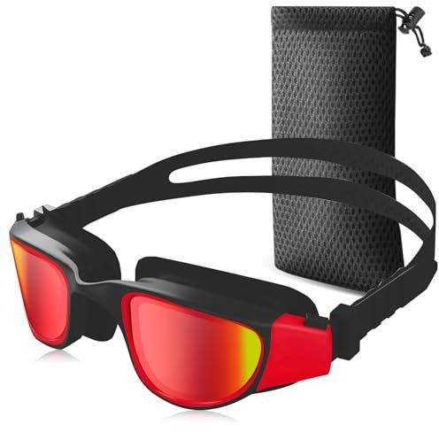 RISEOFLE Lunette Piscine Adulte, Lunettes de Natation Unisexes pour Homme et Femme, Lunette Polarisée Avec Protection Antibuée et Anti-UV(Rouge)