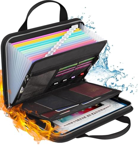 LIMEOW Dokumentenmappe A4 mit Griff, Organizer Mappe, Feuerfester Ordner Mit 12 FäChern, Fächermappe a4, Mehreren Fächern, mit Reißverschluss und Etiketten, für Büro Hause Schule(Schwarz)