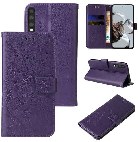 LBH Handy Hülle für Huawei P30 Case Handytasche Schmetterling Blumen Flower Standfunktion Schutzhülle Magnet Rundum Schutz 360 Grad Flipcase Cover Violett