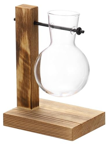 PATIKIL Propagation Vases pour Plantes avec Bois Support, Bureau Plante Terrarium Simple Coeur Verre Plante Vase Hydroponique Vase pour Maison Bureau Décoratif, Bois Couleur