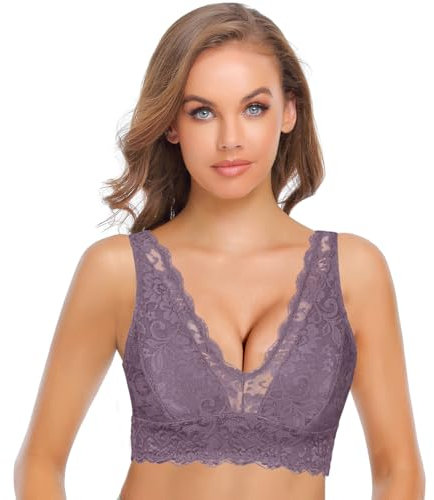 SHEKINI Bralette - Sujetador de encaje para mujer, sin aros, diseño floral, con relleno extraíble, cuello en V, sexy, ropa interior, morado, M