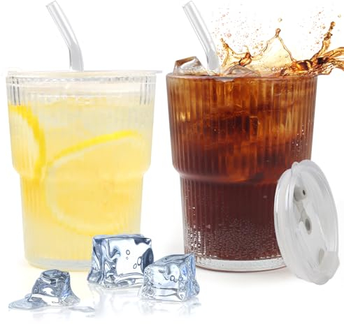 Neerow Glas mit Deckel und Strohhalm, 2 Stück Trinkgläser mit Deckel, 400ml Glasbecher mit Deckel und Strohhalm Luftdicht Wasserdicht Design für Saft Kaffee Smoothie Wasser Tee