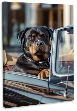 Hustling Sharks® Tierbild „Hund im Auto“ – Leinwand 30 × 40 cm | XXL Tierbild, Hund, Auto, lustige Hundebilder