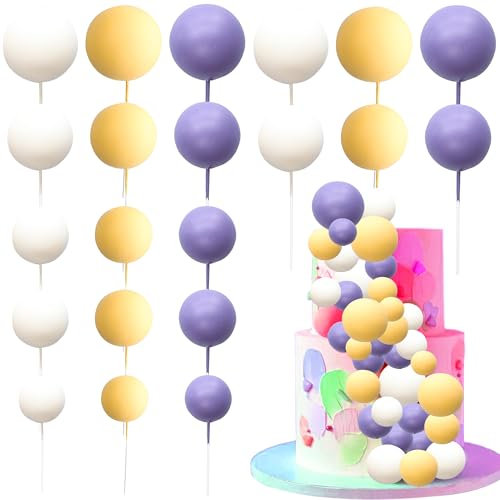Ephlyn 30Pcs Ball Cake Topper Ball Cake Picks Colorful Pearl Ball Shaped Cupcake Insert Cake Topper for Bear Theme Birthday Party Favors Wedding Decoration White Yellow Purple