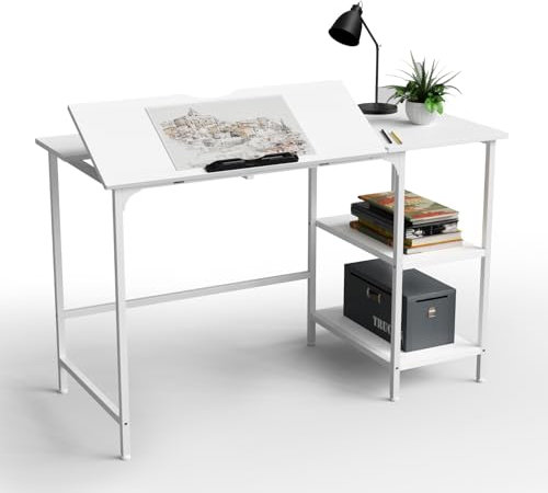 EXSELTMAN Bureau avec Rangement, 120x55x75cm, Table d’Ordinateur, 2 Amovible Étagères Réversibles, Table à Dessin Inclinable Hauteur Réglable, Bureau, Table, Poste de Travail