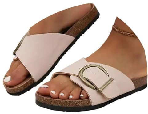 Onsoyours Sandali Donna Estate Eleganti Ciabatte in Pelle con Sottopiede in Sughero Fascia per Casa e Mare A Rosa 39 EU