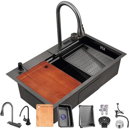 80x50cm Fregadero De Cocina Para El Hogar En Acero Inoxidable, Estilo Nano Cascada, Estación De Trabajo De Un Solo Fregadero Con Grifo Extraíble Y Lavavasos Integrado
