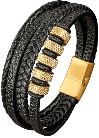Mochity Lederarmband Herren, Herren Armband Edelstahl, Viking Herrenarmband, Schwarz Armbänder Für Männer, Männer Geschenke (L)
