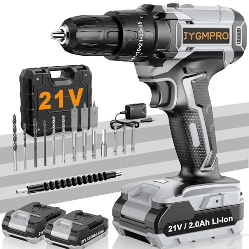 JYGMPRO Trapano Avvitatore Batteria 21V, Avvitatore a Batteria con 2 Batterie da 2.0Ah, 42N.m di Coppia, 2 Velocità, 14 Accessori, 25+3 Coppia, Luce a LED, Per il fai da te, Grigio Scuro