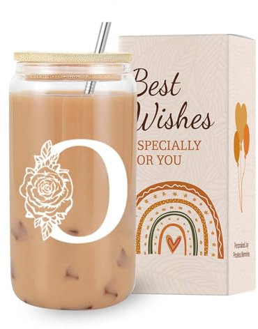 VivaJoy A-Z Initial Personalised Birthday Gifts for Women - Monogrammed Gifts for Women,Initial Letter O,Glass Cups with Lids Straws, Funny Christmas or Birthday Gifts for Her,Mum,Friend,Sister