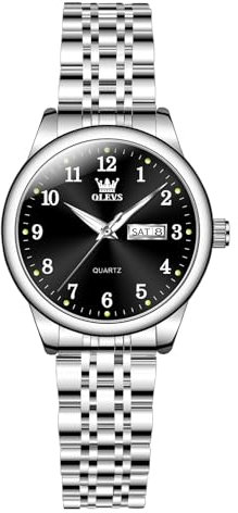 OLEVS Damenuhr Silberne Edelstahlband Analoger Quarz Damenuhren Schwarz Kleines Gesicht Arabische Ziffern Damen Uhren Eleganz Wasserdicht Leuchtend Datumsanzeige Armbanduhren für Damen