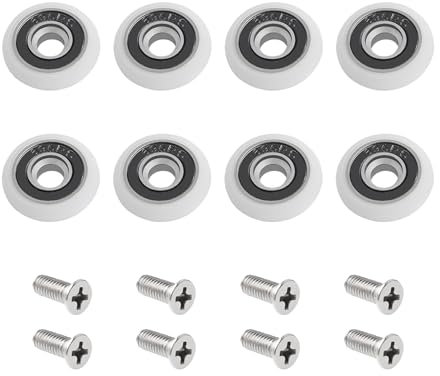 Paquete de 8 rodillos para puerta de ducha con tornillo M5, camino de puerta curvado blanco con piezas de rueda excéntricas, ruedas de ducha y rodillos de repuesto para puertas correderas de vidrio,