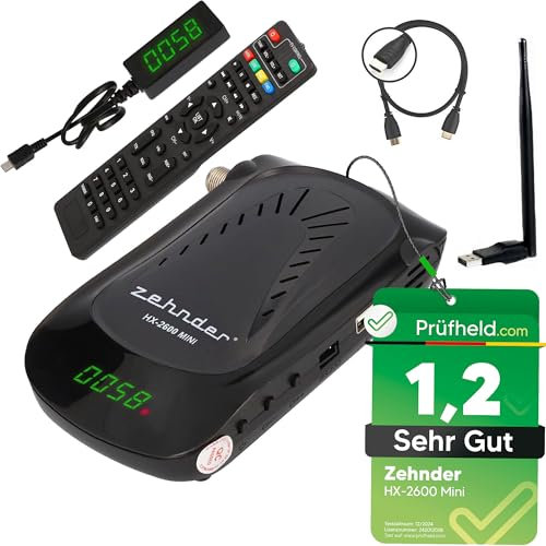 [ Test SEHR GUT, Note 1.2 *] Zehnder HX 2600 Mini Digital Sat Receiver + HDMI Kabel + WiFi Stick, mit Aufnahmefunktion, für Satellitenschüssel Satelliten Fernseher, HD-Receiver Satelliten-Receiver