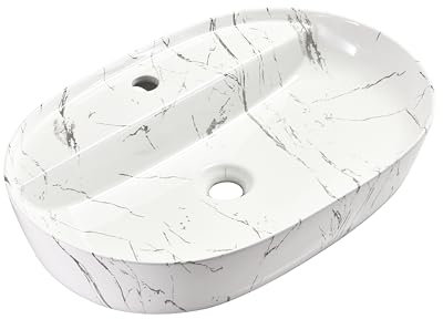 Omeble Waschbecken Oval Keramik - 60 x 40 x 13 cm - Weiß/Marmor Aufsatzwaschbecken für das Badezimmer und Gäste-WC - Waschschale - Aufsatzbecken - Handwaschbecken -Design