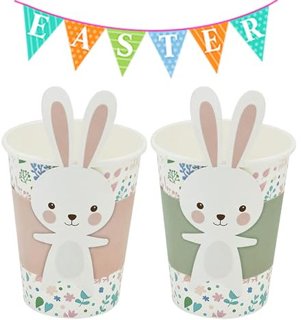 Kouamor Lot de 8/16/24 gobelets en carton et couvercles de gobelets pour fête de Pâques, motif lapin de Pâques, décorations de fête de Pâques pour enfants et adultes (24 tasses + 24 couvertures)