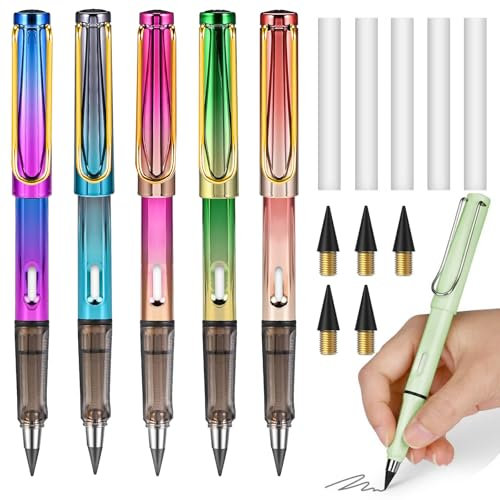 vgggrd 5 Stück Tintenlose Bleistifte mit 5 Pcs Wechselkopfm, Ewiger Bleistift mit Radiergummi, Infinity Pencil, Bleistifte Set für ab 3 Jahren Kinder und Erwachsene(Farbverlauf)