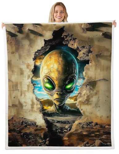 feelingyou Alien Print Flanell Decke, 3D Alien Outer Space Theme Wurf Decke für Kinder Jungen Geschenk, Raumschiff Rustikale Wand Polyester Wurf Decke für Couch, Twin Size