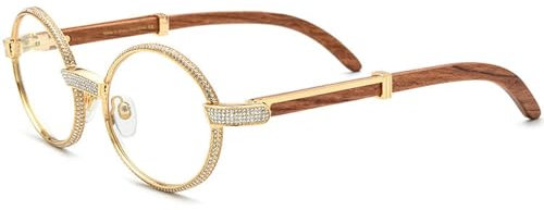 MUTYNE Damen Diamant Rund Metall Handgemacht Redwood Bein Brillengestell, Roter Holz Diamant