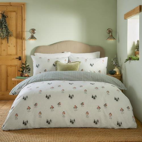 furn. Wylder Robin’s Return Duvet Cover Set (Cream - King) | Reversible Woodland Robins 100% Brushed Cotton Bedding