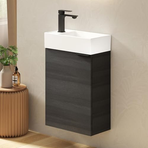 EMKE Mueble Baño con Lavabo – Estante Ajustable, Tirador Curvado Regulable, Mueble Lavabo, Ideal para Baños Pequeños y Habitaciones de Invitados, Lavabos Pequeños con Mueble,Gris con veta de Madera