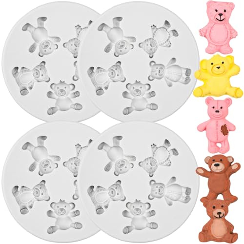 4 PCS 3D Bear Silicone Molds Bear Silicone Fondant Molds Cute Teddy Chocolate Mould Uniqe Jelly Moulds Cake Candle Mould Candy Decorating Mold for Cake Decorating Cupcake Topper Candy Polymer Clay