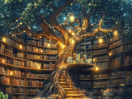 Diamond Painting Lebensbaum Bücher Bibliothek 5D Diamant Painting Bilder Erwachsene Fantasy Diamantkunst DIY Set, Rund Vollbohrer Diamantmalerei Wanddeko für Zuhause Wohnzimmer Schlafzimmer 30x40 cm