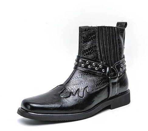 Stivali Biker da Uomo in Pelle Stampa Pitonata - Stivaletti Western Cowboy con Cinturino Borchiato, Stile Rock Casual O da Festa, Impermeabili