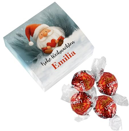 Herz & Heim® Personalisierte Geschenkbox mit 4 Schokokugeln & niedlichem Wichtel – Schachtel mit Wunschtext oder Namen – Geschenk zu Weihnachten mit 50 g Vollmilch-Schokolade – 8,5 × 8,5 cm