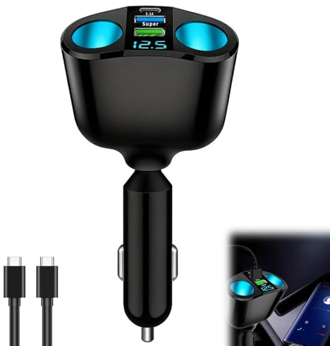 66W Car Cigarette Lighter Adapter, 12V/24V Multi Socket USB-C PD Dual USB-A Double Cigarette Lighter Car USB Charger Splitter with LED Voltmeter Fast Charging for Phones GPS Dashcam Vehicle Devices