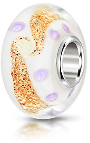 MATERIA 925 Silber Murano Beads Glitzer creme flieder - European Beads Glas Perle mit Gold Glitter #1478