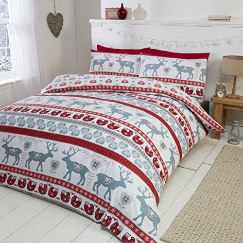 Scandi 100% gebürsteter Baumwolle Feinbiber Bettwäsche Quilt Bettbezug und 2 Kissenbezüge Bett-Set, Rot/Mehrfarbig, Super King