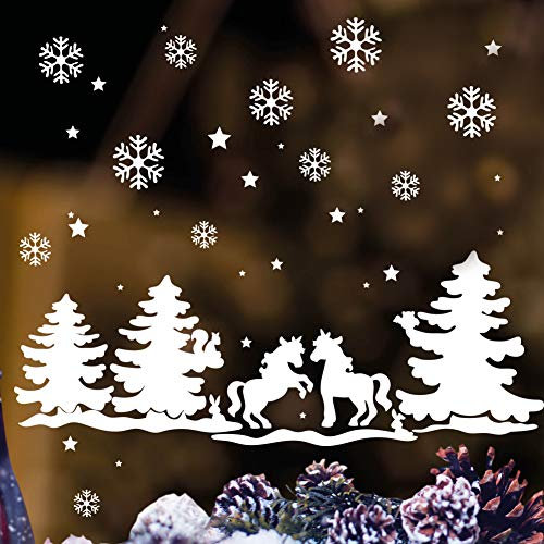 Wandtattoo-Loft Fensteraufkleber Schneeflocken Einhörner im Märchen Winterwald - WIEDERVERWENDBAR – Aufkleber im Set Weiß/konturgeschnitten/Fensterbild Wintermotiv/Adventsdekoration/Einhorn