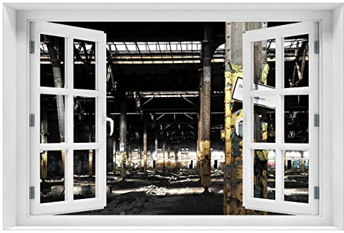Wallario Wandbild aus Acryl, 60 x 90 cm mit Fensterrahmen, freischwebende Optik - Verlassene alte Fabrik-Halle mit leuchtenden Sonnenstrahlen mit Fenster-Illusion
