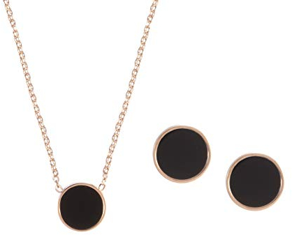 Happiness Boutique Damen Rosegold Schmuckset 2-tlg. | Zarte Kette mit Anhänger und Runde Ohrstecker in Schwarz