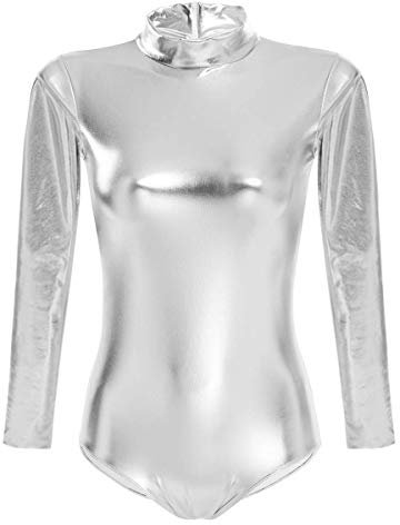 FYMNSI Damen Glänzende Ballettanzug Ballettbody Sport Tanz Body Gymnastikanzug Trikot Langarm Bodysuit Metallic Wetlook Einteiler Turnanzug Leotards Overall Lack Leder Oberteile Top Kostüm Silber XS