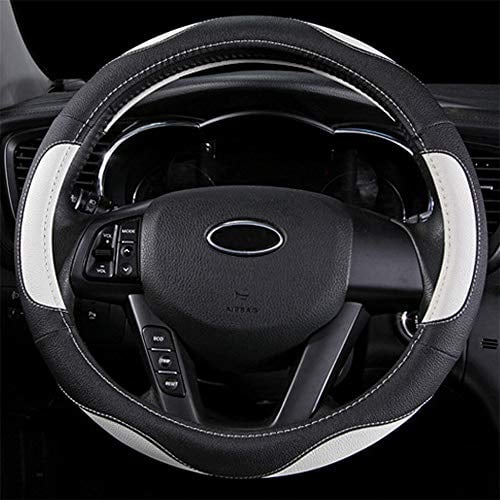 coofig Leather Car Steering Wheel Covers Universal 37-38cm /15inch Breathable Anti-slip Protector Interior Accessories for Auto/Truck/SUV/Van for Men Women (Black white-2)